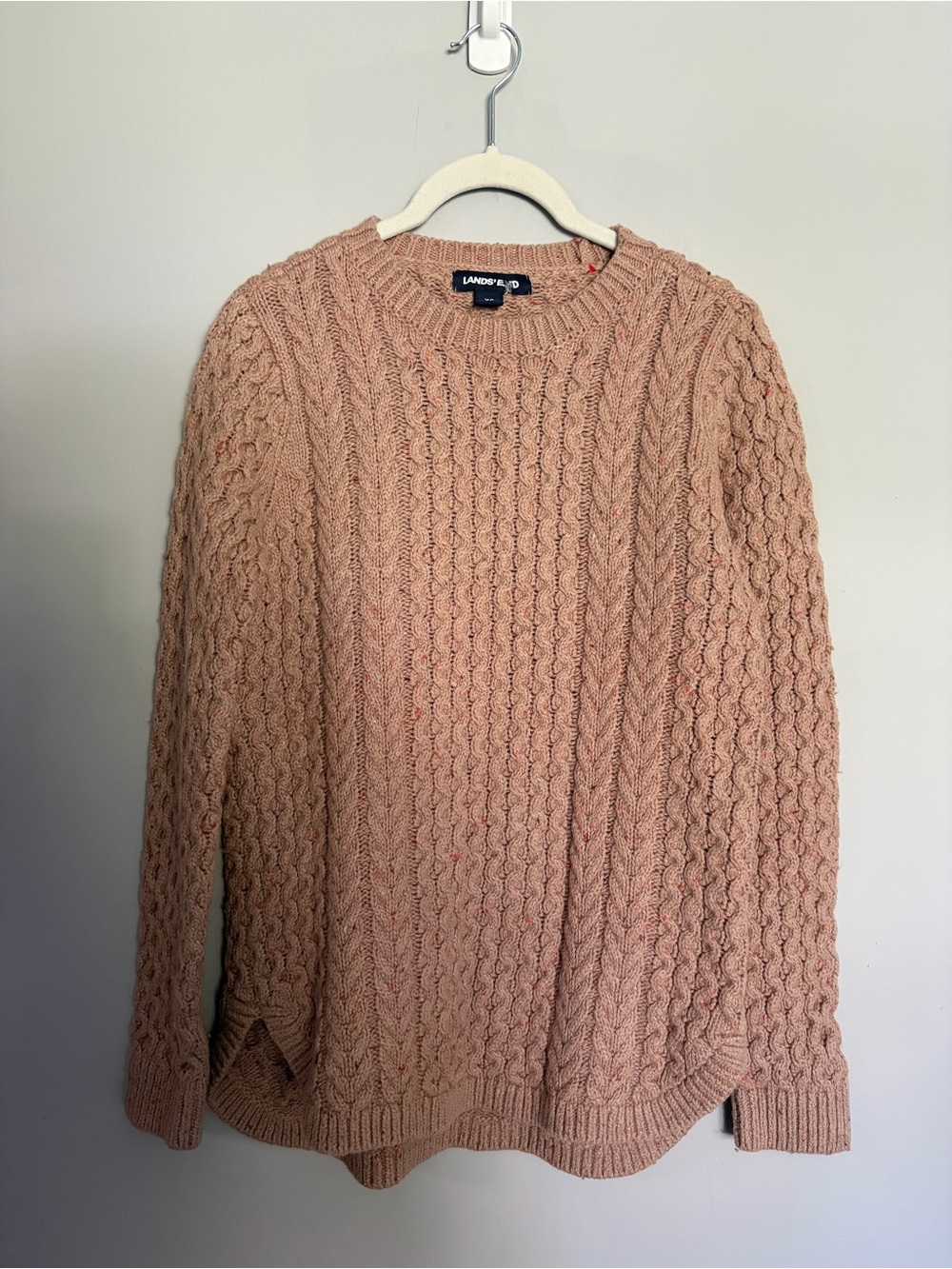 Land’s End Drifter Cable Knit Chunky Tweed Sweater Size XS Beige Pink Minimalist